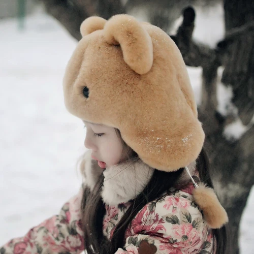Kids Children Real Rex Rabbit Fur Hat Warm Caps Cute Bear Style Outdoor Beanie - Picture 4 of 15
