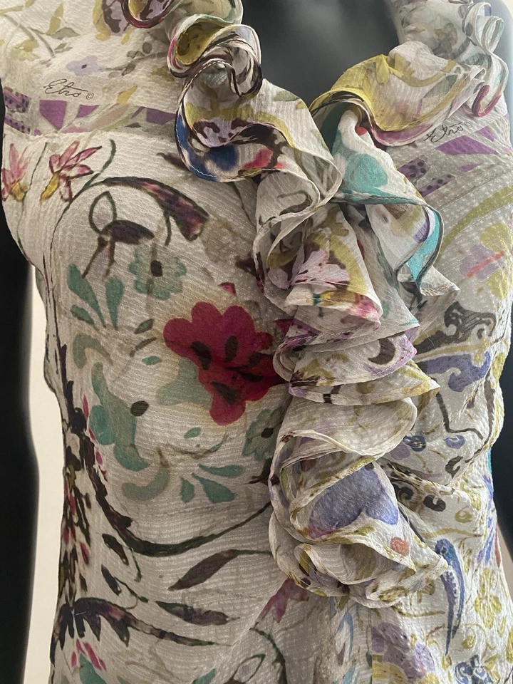 Blusa ETRO Top Seda, Forrada Seda con Escote en V y Volante Multicolor Talla 42(S) Foto 4 de 4