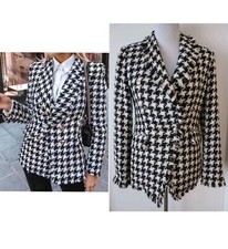 Rachel Zoe Blazer Size S Houndstooth Tweed Fringe Shimmer Black  White