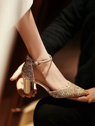 Women Sequins Thick High Heels Ankle Strap Luxury Pumps Wedding arty Shoes - Bild 5 von 17