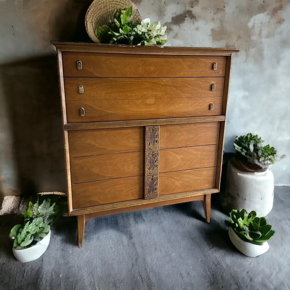 Vintage BASSETT MAYAN Tall Chest Highboy Dresser Mid Century Modern MCM 1960s