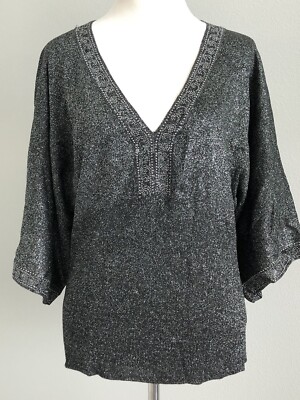 **L*  ST. JOHN Black Shimmer silver evening stretch dress blouse tunic top USA