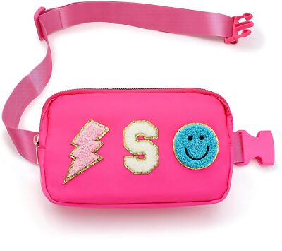 Fanny Pack for Girls Crossbody Bag, Chenille S Letter Preppy Nylon Kids  Pink