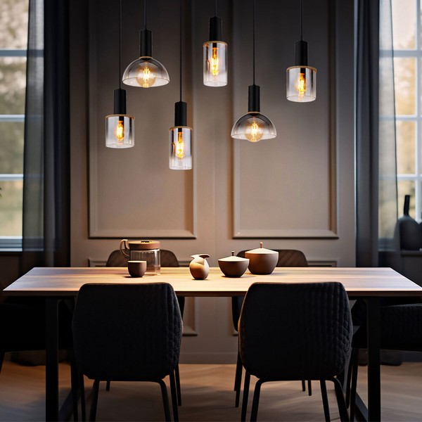 Pendelleuchte HäNgelampe Esszimmerleuchte Schwarz Glas Rauch Holzoptik 6 Flammig-image