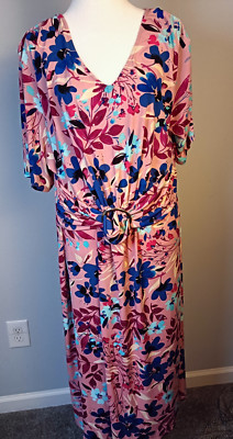 Antthony Original Women's 2XL Pink Floral SS Belted Elastic Waist Midi Dress