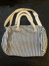 Nautical Canvas Beach Cruise Tote Bag Blue White Striped Rope Handles New
