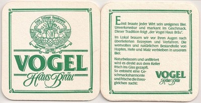 Vogel Haus Bräu, Ettlingen - old beer mat ''First Ettlinger home brewery''