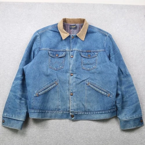 Vintage 80s Wrangler Blanket Lined Denim Jacket Mens XL Corduroy Collar Blue USA - product listing photo