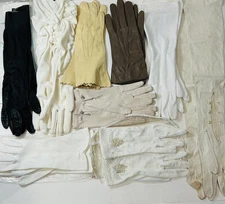 9 Pair Vintage Gloves: Opera-Kid Leather-Long-Short Fancy Beaded-Crystal Buttons