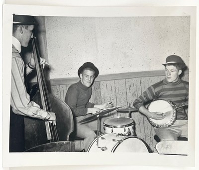 1950s Young Men Jazz Jam Session Drummer Banjo Bass Beatnik Vintage Photo