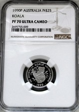 1990 P PLATINUM AUSTRALIA $ 25 KOALA 1/4 OZ NGC PROOF 70 ULTRA CAMEO 4598.00 per troy oz