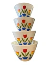 Vintage Fire King Tulips 4 PC Mixing Bowl Set Milk Glass 6.5" 7.5" 8.5" 9.5"