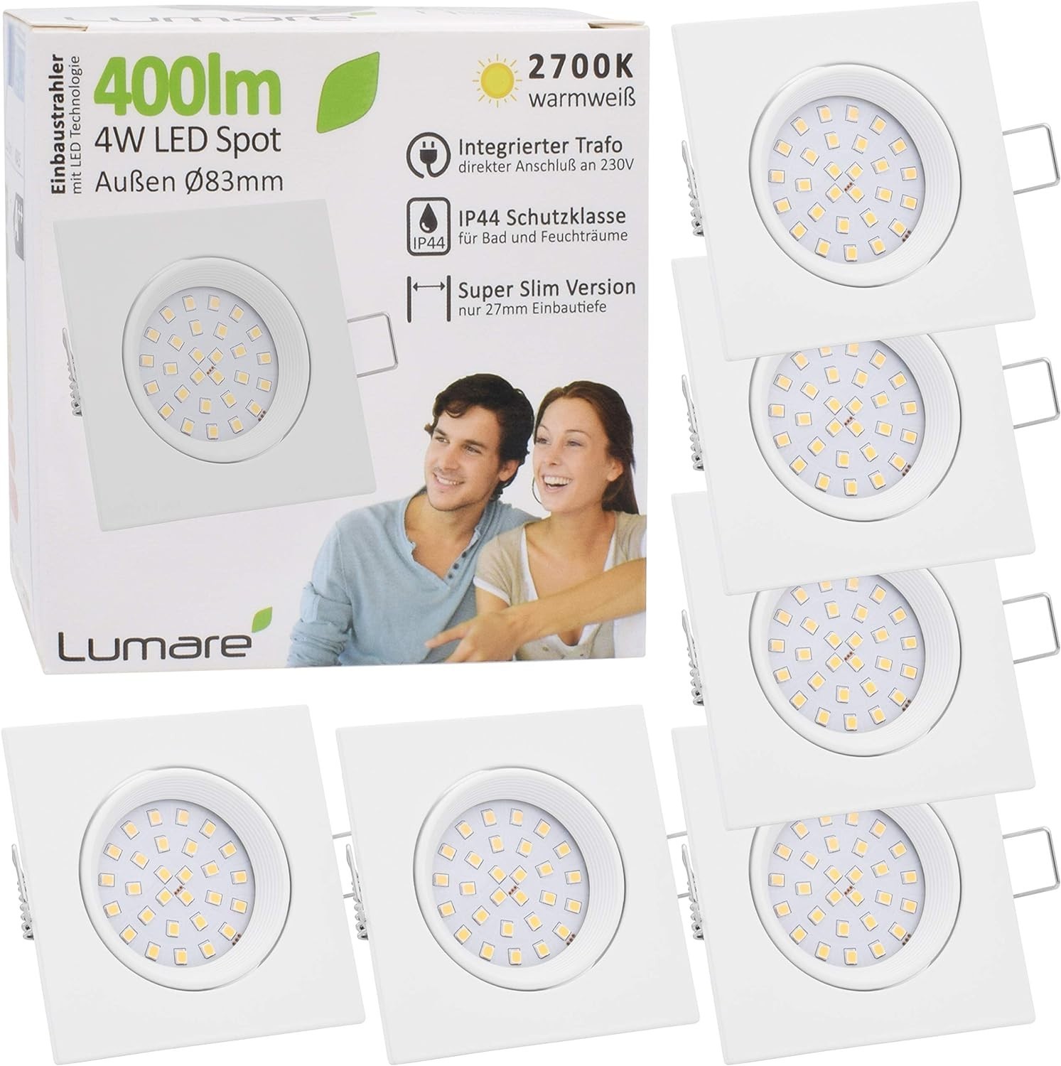 Spot LED encastrable étanche IP44 Lumare 4W finition blanche durable lot de 6