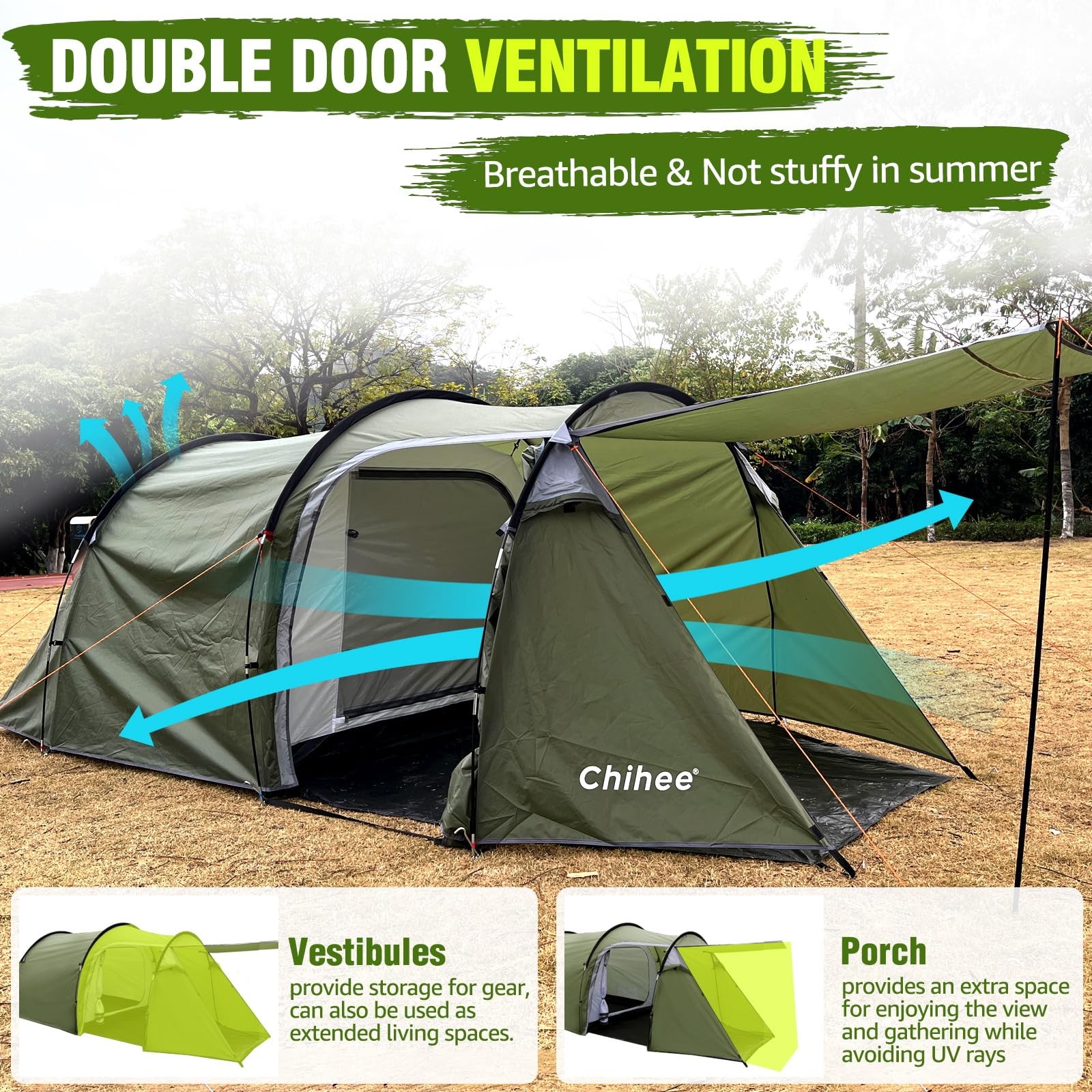 Camping Tents Tunnel Tent 4 Person Family Tents with 2 Doors Extra Large Weat...