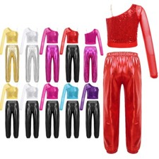 Kids Girl's Crop Top With Pants Performance Tracksuit Metallic Dance Outfit Gym