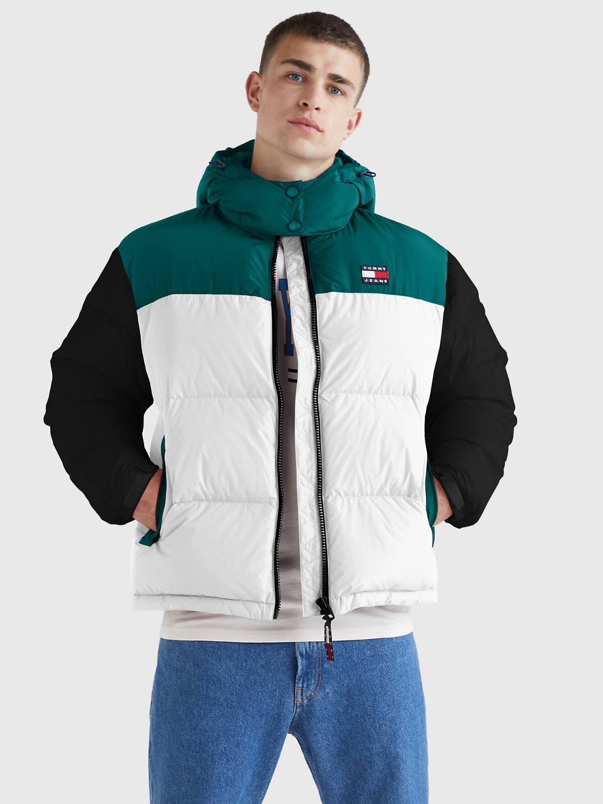 Tommy Hilfiger Men's Colorblock Puffer Jacket - White & Green, S