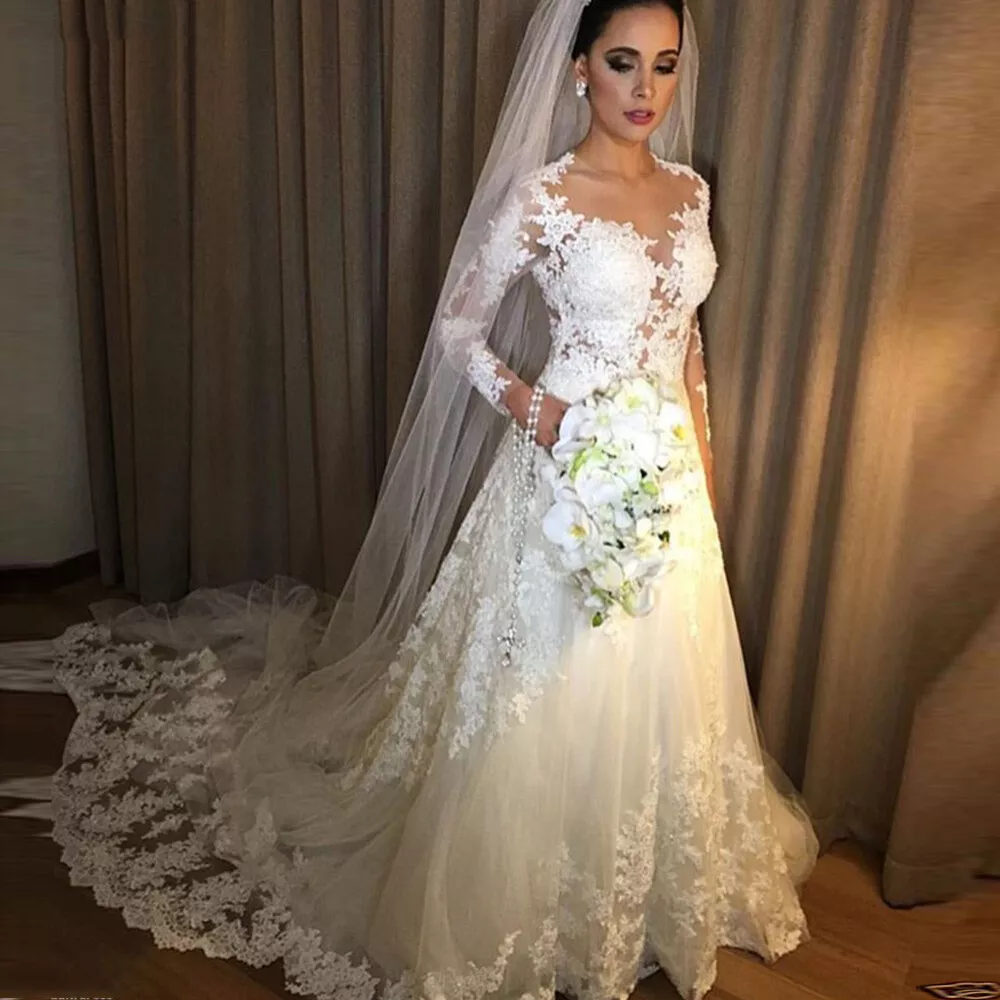 A Line Wedding Dresses Long Sleeves Lace Wedding Gowns Sheer Neck Bridal  Gowns