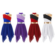 Kids Girls Ballet Dancewear Asymmetrical Praise Costume Contrast Color Dress