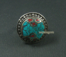 R19 Handmade size 10.50 Turquoise Coral Resin Tibetan Silver Finger Ring Nepal