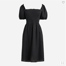 J Crew Women Black Linen Puff Sleeve Square Neck Smocked Pocket Mini Dress XS S