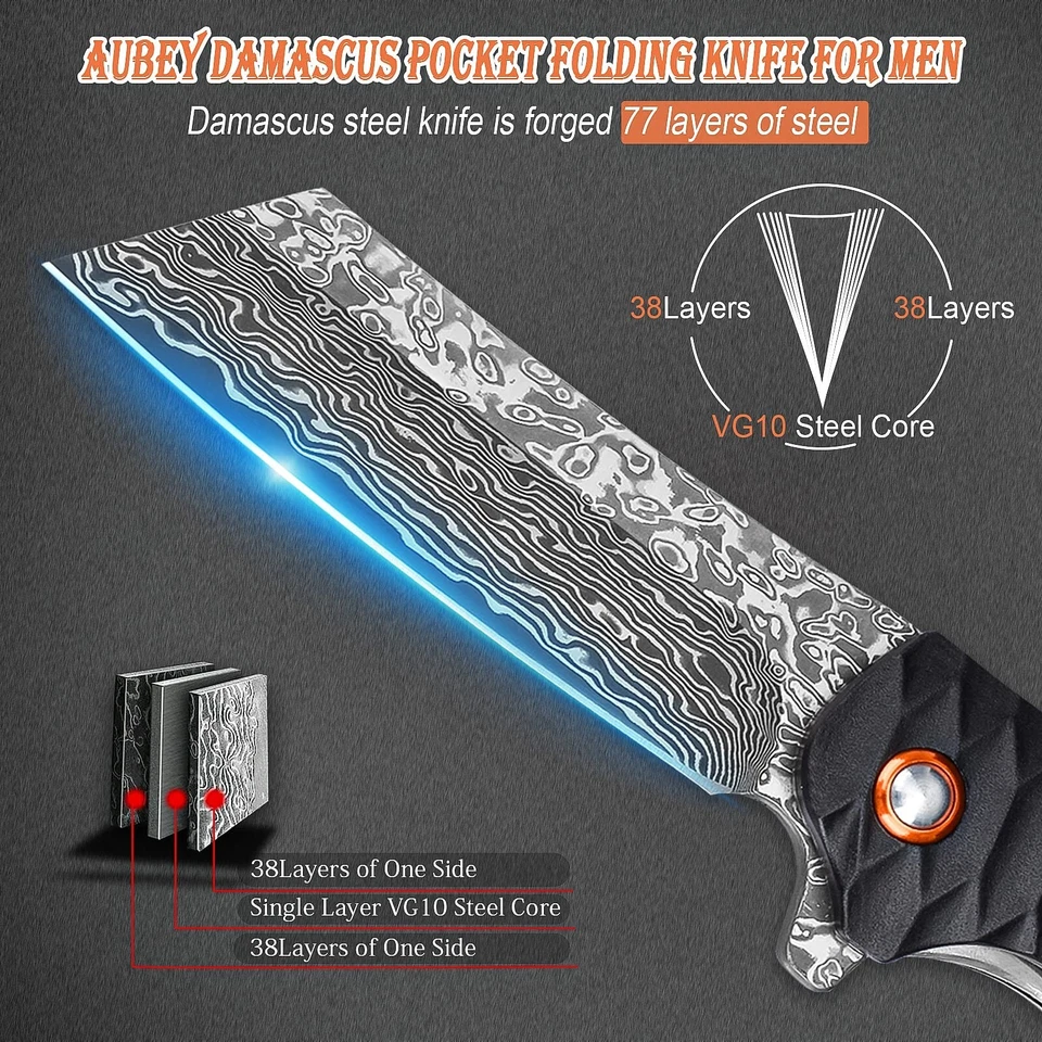 Cuchillo de Bolsillo AUBEY Damasco, Hoja de Moler Hueca de Acero Damasco de 3,34 pulgadas, Fol... Foto 2 de 4
