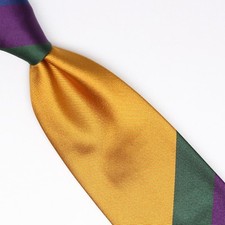 John G Hardy Mens Silk Necktie Large Regimental Stripe Gold Green Blue Purple