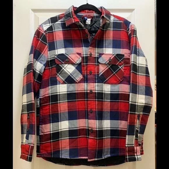 Divided Red White Blue Plaid Shirt Shacket Insulated Quilted Lining Men s Size S