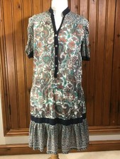 MANGO Ladies Green Red Navy Floral Vintage Lined Dress Short Sleeve Size M