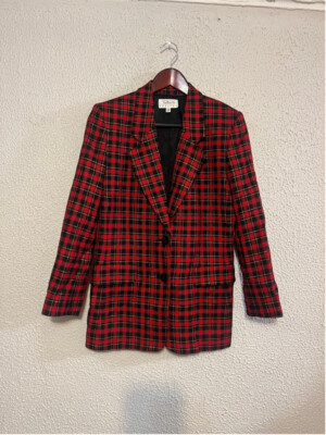 Vintage Talbots Red Tartan Plaid 100% Wool Christmas Blazer Jacket