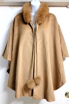 Belle Fare Fox Fur Trimmed Cape Jacket Cashmere Women's Camel NEW