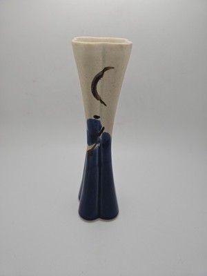 Vintage Blue Floral Pottery Bud Vase Signed Follette 7.5'' 