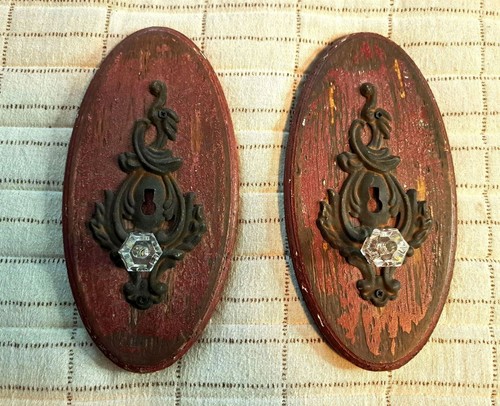Vintage Rustic Farmhouse Decor Set of 2 Wall Hanging Coat/Hat Hooks Crystal Knob