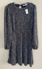 LOFT Black Silver Metallic Shift Dress XS Knee Length Long Sleeve New Year NWT
