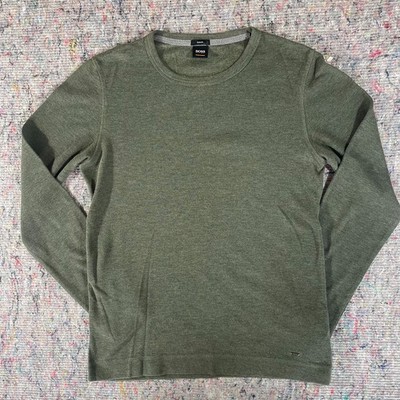 BOSS Hugo Boss Pullover Herren Large Slim Fit Grün Rundhals 100% Baumwolle Strick Sweat
