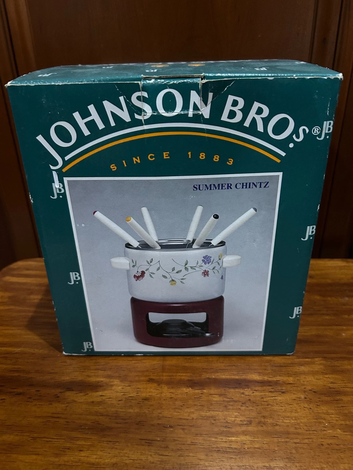 Johnson Bros Summer Chintz Fondue Set Enamelware Vintage with Box
