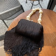 Black Tassel Pearl Evening Clutch Women Kiss Lock Frame Top Handle Handbag