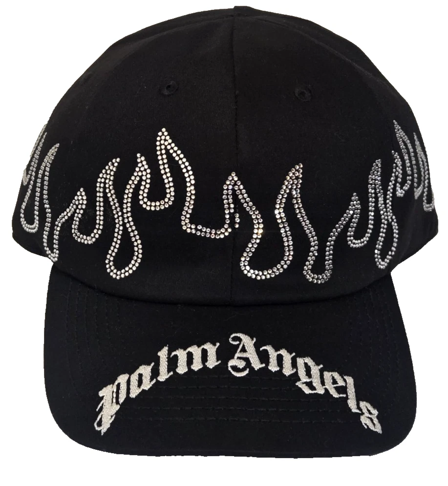 Palm Angels Jeweled Flames Fitted Baseball Cap Blk/White/rhinestones NWOT