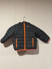 Nike Boys 3T Puffer Jacket Gray Orange Lined Logo Hooded Full Zip