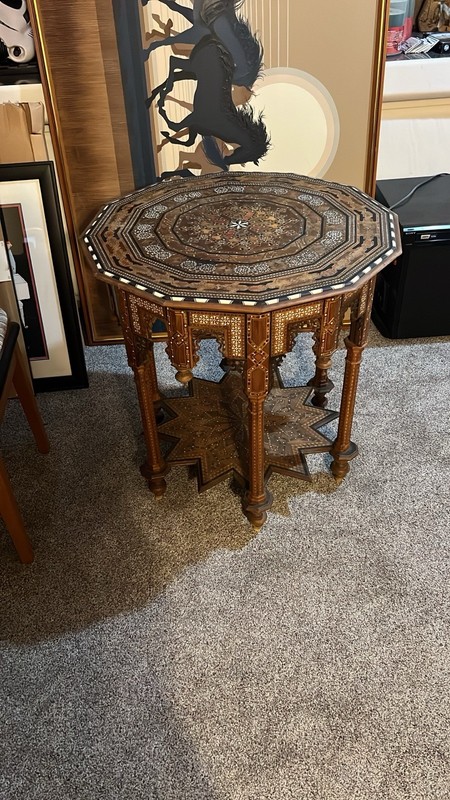 19th century Neo-Nazrid Granada. Wood and Bone Inlaid 12-sided Table with shelf