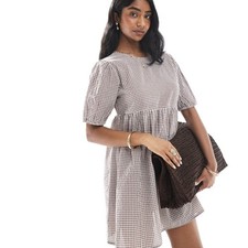 ASOS,Wednesday's Girl gingham smocked mini dress in brown