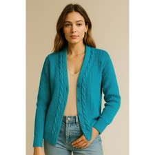 Pendleton Womens Teal Blue Open Knit Cable Trim Shawl Collar Cardigan Large