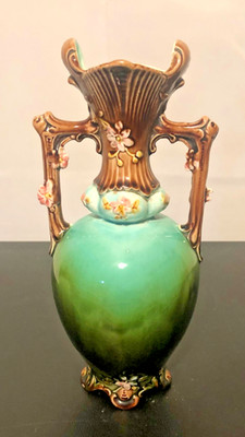 French Amphora Art Nouveau Barbotine Majolica 2 Handle Vase/4334