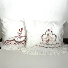 Set of 2 Embroidered Pillow Cases Inserts Southern Belle Ladies Ruffle White