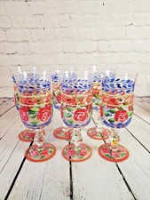 6 Tracy Porter Hand Painted Glass 8" Wine Water Goblets Red Rose Flower Pattern