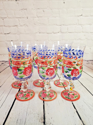 6 Tracy Porter Hand Painted Glass 8'' Wine Water Goblets Red Rose Flower Pattern