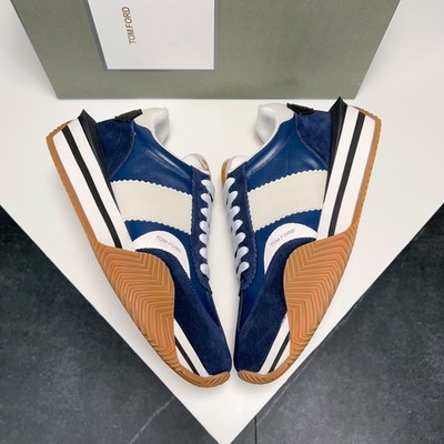 Tom Ford Navy Blue Cream Suede Leather Retro Platform Men's Sneakers Casual Shoe
