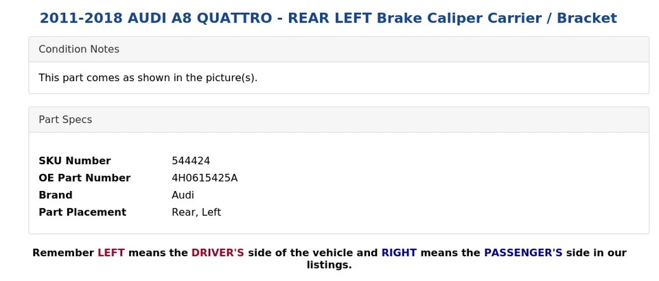 2011-2018 AUDI A8 QUATTRO - REAR LEFT Brake Caliper Carrier / Bracket - Image 4 of 4