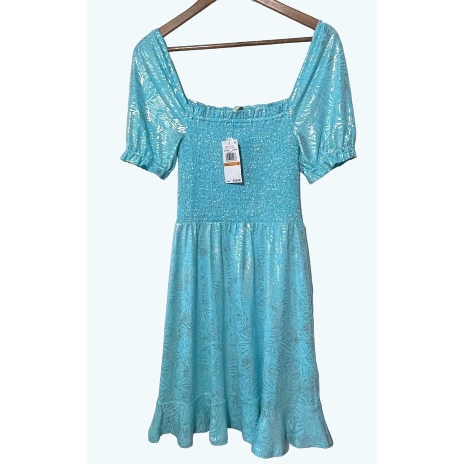 Abito Michael Kors Smocked Contadino Stampa Foil Turchese Nuovo con etichette Small