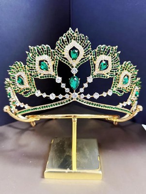 Smaragd & Diamant 14K Gelbgold Über Braut Pfau Prinzessin Tiara Queen Krone