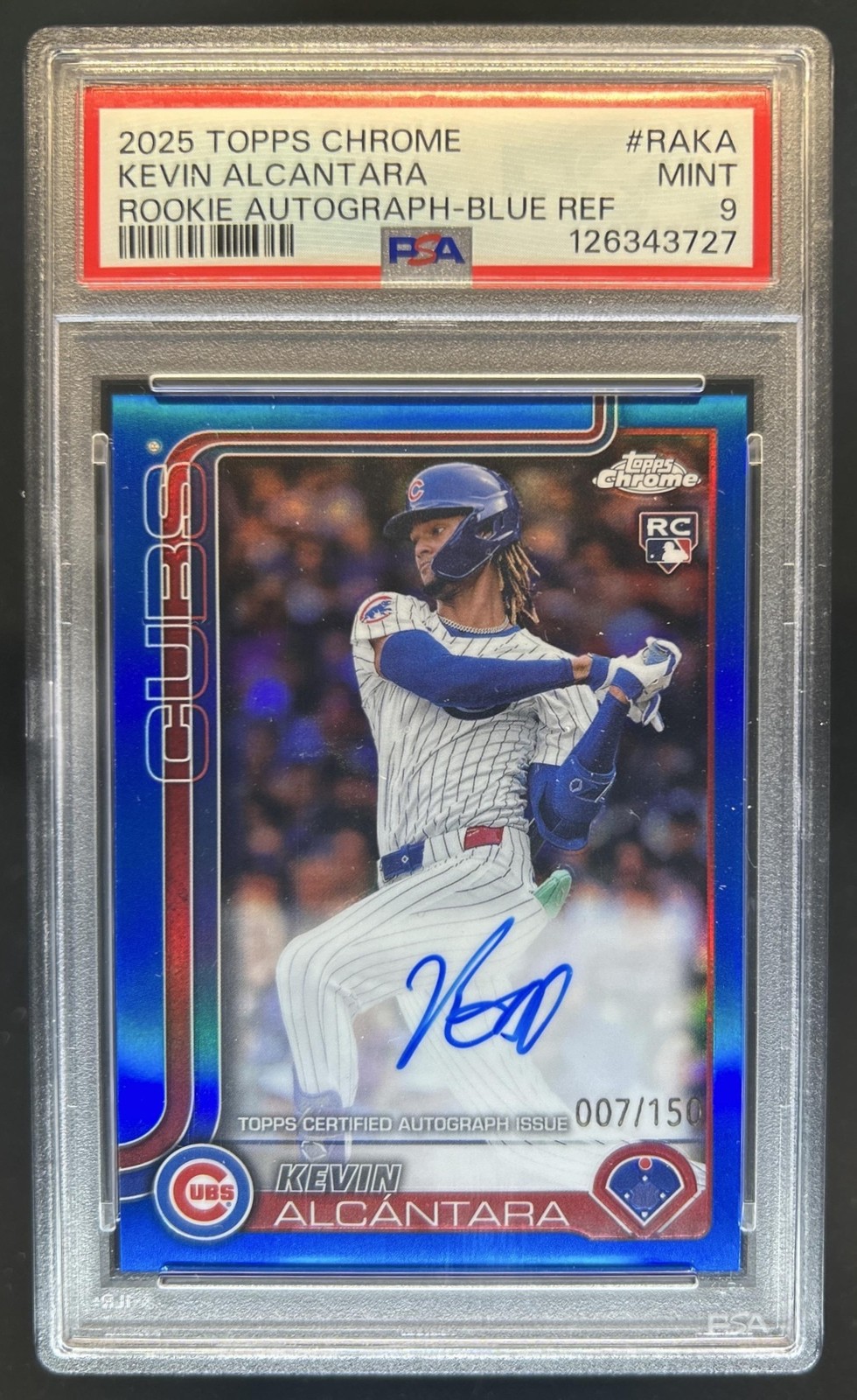 2025 Topps Chrome Kevin Alcantara Rookie Auto RC Blue Refractor #/150 Cubs PSA 9